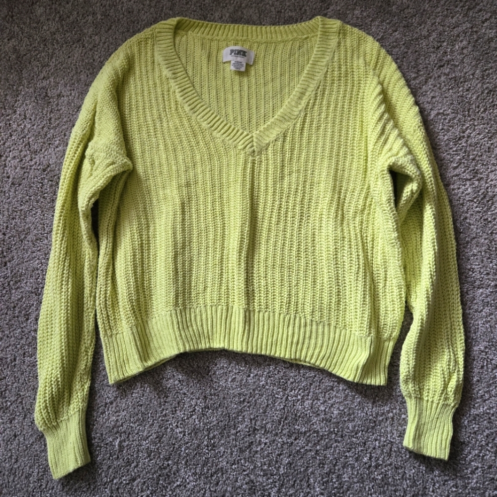 Victoria's Secret Lime Green Ribbed Cableknit V-neck Sweater 100% Cotton